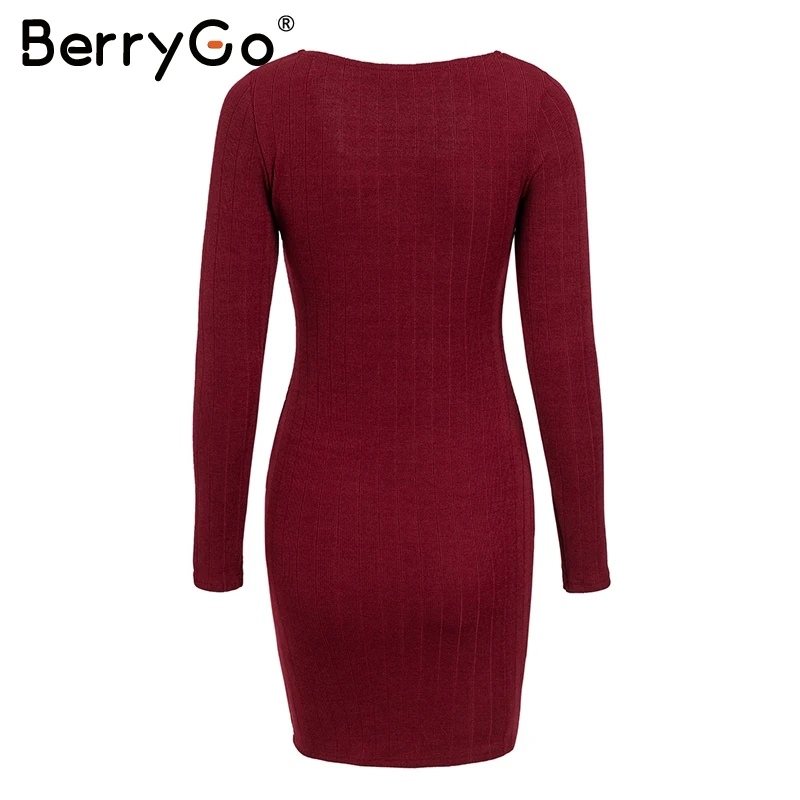 BerryGo винтажное вязаное платье-свитер с квадратным вырезом, женское сексуальное облегающее платье с оборками и длинным рукавом, осенне-зимние платья черного цвета