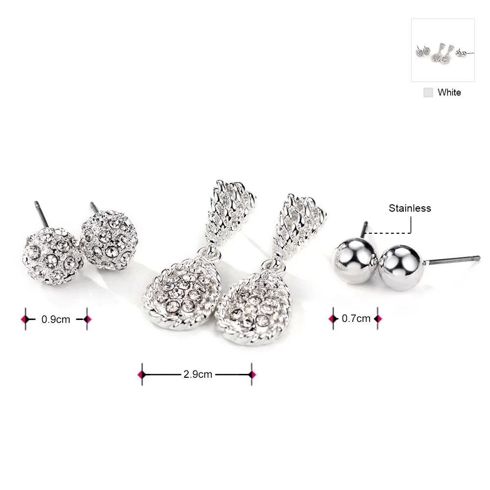 Neoglory горный хрусталь три пары белых шаров Комплект сережек для женщин подростков