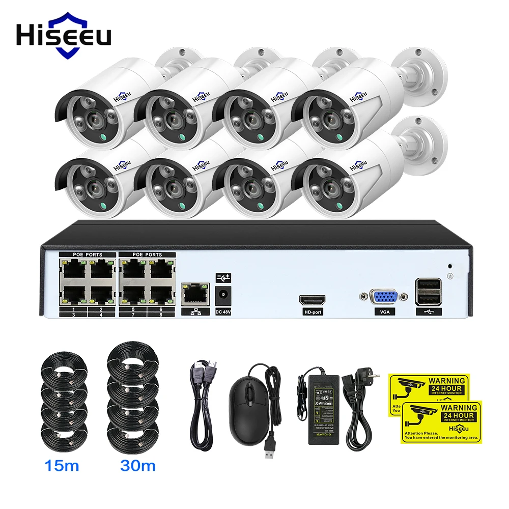 Hiseeu POEKIT-8HB624 Набор NVR видеонаблюдения с 8 каналами 4 МП, мониторинг в режиме реального времени H.265, уведомления по электронной почте и удаленный доступ.