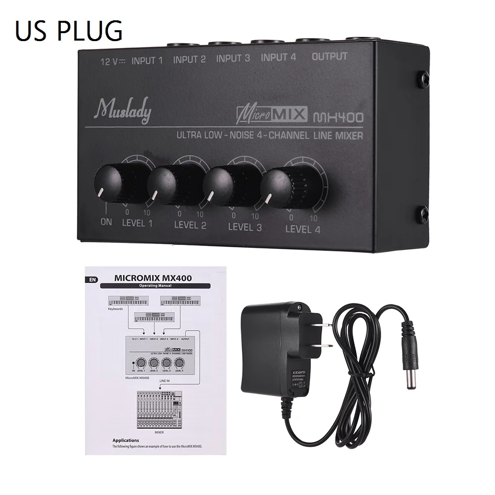 US PLUG Muslady MX400 4 канала Mxing консоль ультра-компактный низкий уровень шума 4 канала линия моно аудио микшер с адаптером питания - Цвет: US PLUG
