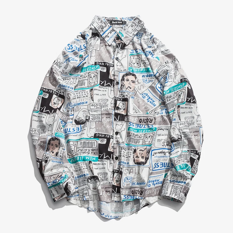 Рубашка мужская 2018 Новая полная печать отложной длинный рукав воротник хип-хоп