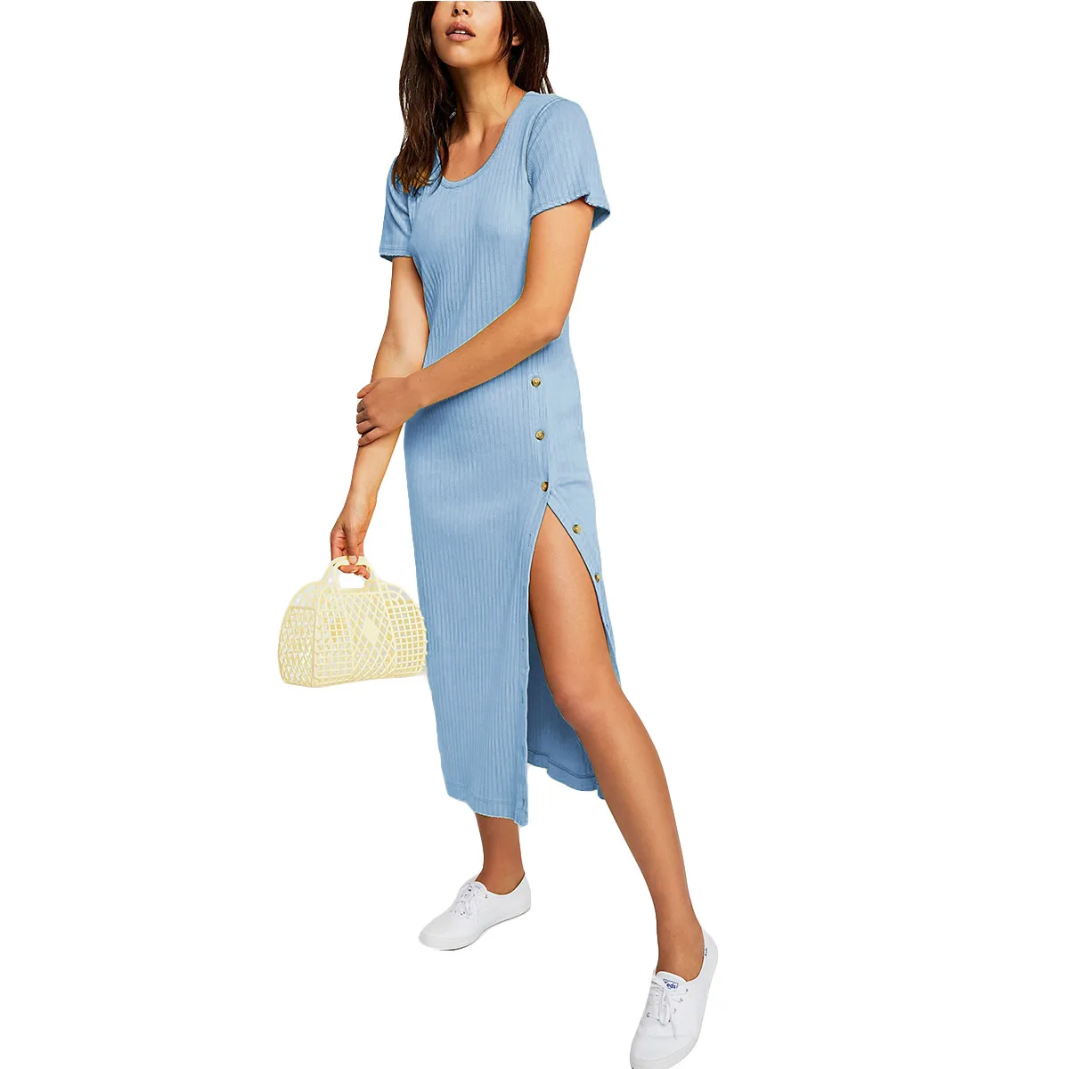 Для женщин короткий рукав с круглым вырезом Тонкий Сторона Разделение пуговицах