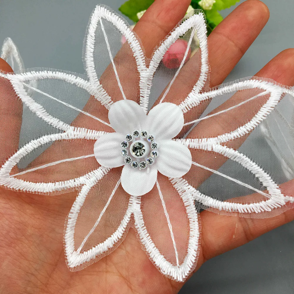 2 Yd органза цветок бисером Стразы кружевная отделка вышитая лента для аппликации