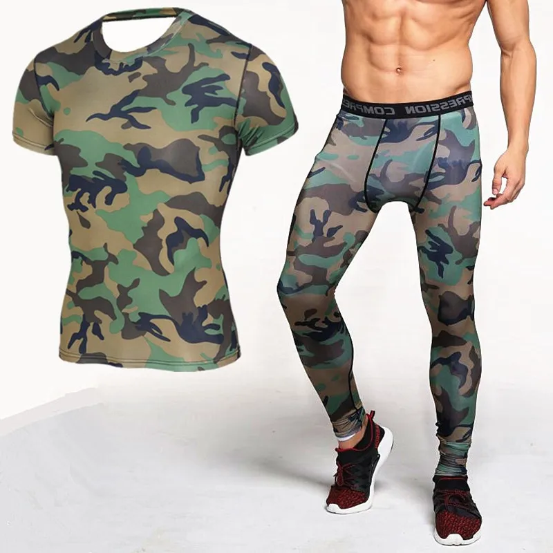 

Men Compression Clothing Sets (Tshirt+Sweatpants) Jerseys Military Fitness Suits Camouflage Tee shirt Leggings Tights