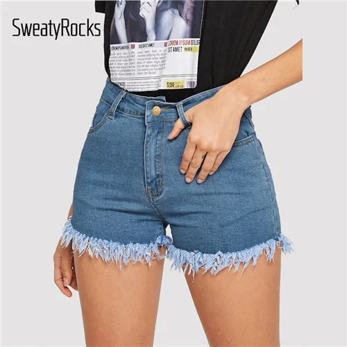 Синий Однотонные джинсовые шорты с потертостями по краям SweatyRocks, женские уличные обтягивающие синие шорты, модные летние эластичные шорты с пуговицами - Цвет: Синий