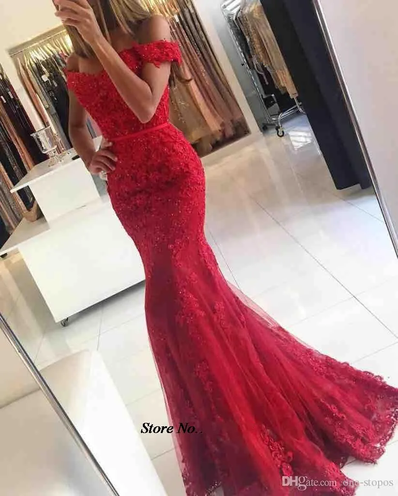 

2020 New Red Lace Mermaid Prom Dresses veatidos Off Shoulder Beaded Appliques Tulle Long Formal Party Evening Gowns