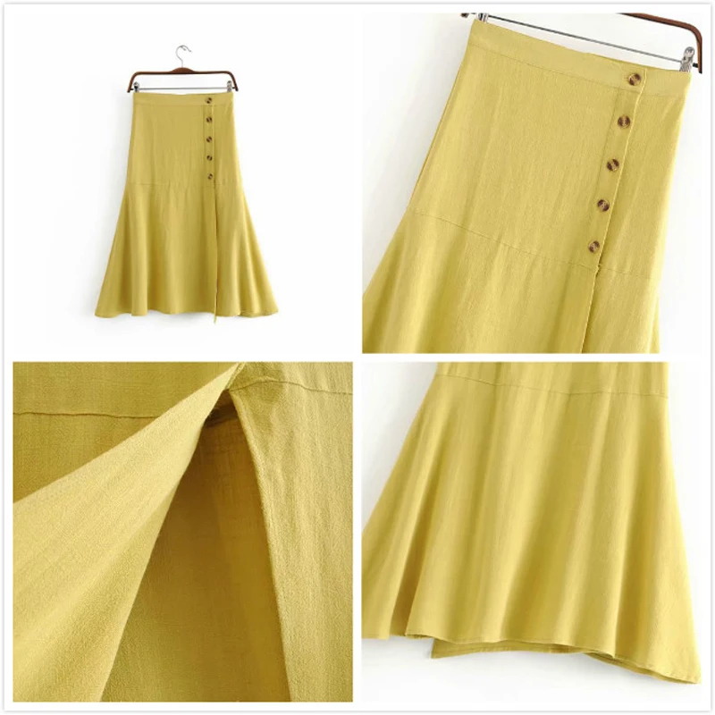 2019 Summer Sexy Split Women's Skirt Fashion Solid Button Yellow White Black High waist A-Line Midi Skirts Jupe Femme Saia | Женская