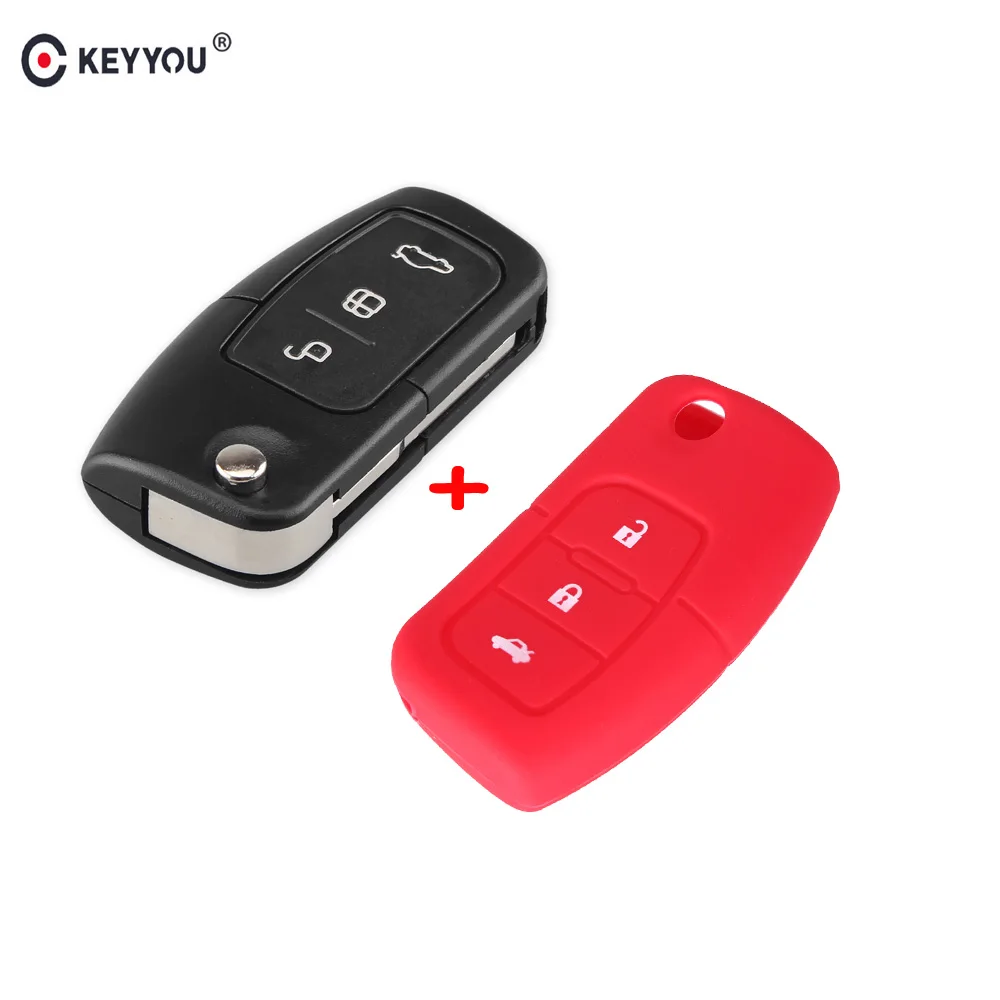Чехол для ключей KEYYOU, складной чехол для ключей, брелок для Ford Fiesta Focus 2 Ecosport Escape 3 кнопки с силиконовым чехлом для ключей, красный