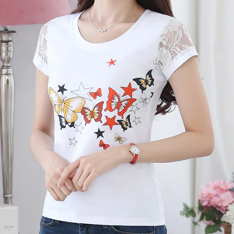 Женская Кружевная футболка со стразами Camisetas Mujer белая с принтом лето 2019 | одежда