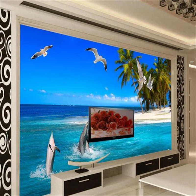 

beibehang Background Large Painting Coco Beach Island Dolphin Murales De Pared 3d Wallpaper Hotel Badroom Mural for Living Room