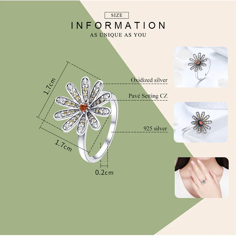 WOSTU Hot Sale 925 Sterling Silver Sparkling Daisy Flower Finger Rings For Women Fashion Engagement Ring Jewelry Gift CTR011