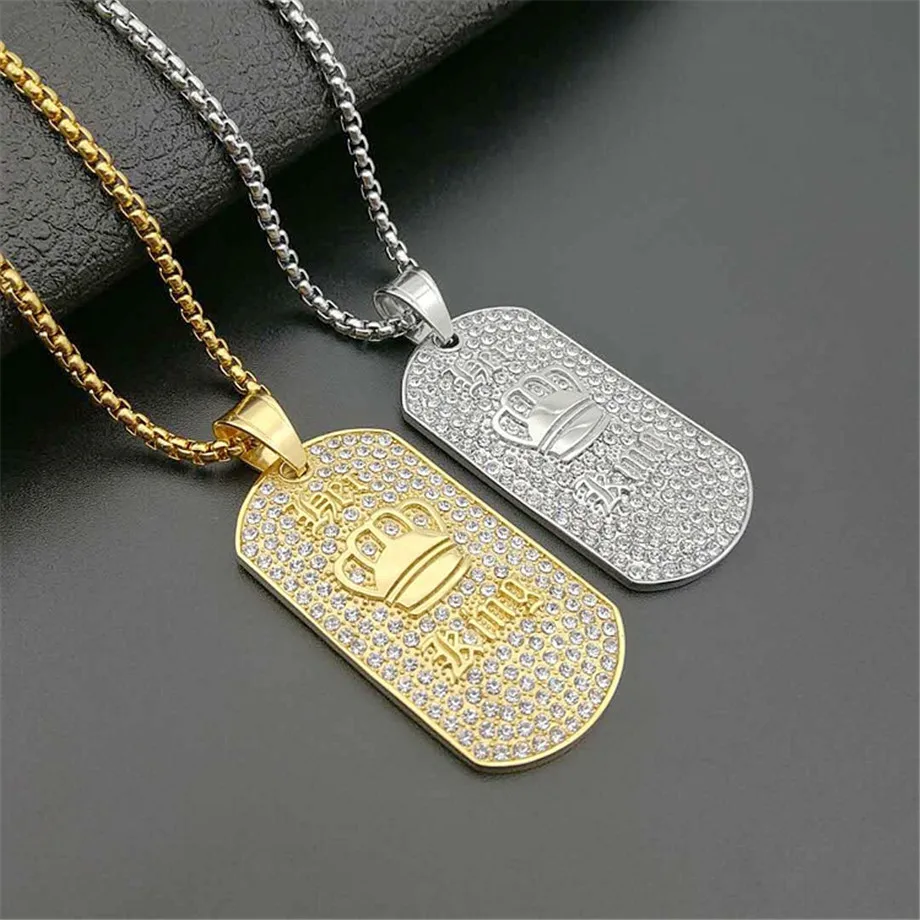 

Hip Hop King Crown Pendant Necklace Stainless Steel Gold Color Iced Out Rhinestone Charm Necklace With 3mm Box Chain U1396