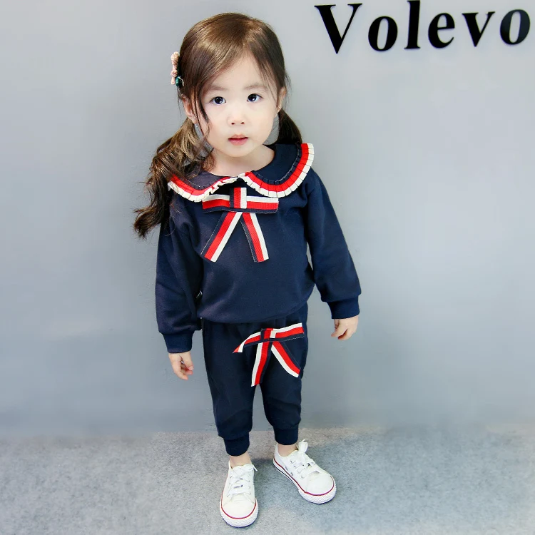 BBL Navy blue Новое платье для девочек весенне-осенняя одежда костюм с воротником-матроской и бантом, Футболка с длинными рукавами; штаны 2 шт./компл. спортивный костюм для маленьких детей Детская одежда - Цвет: BBL Navy blue