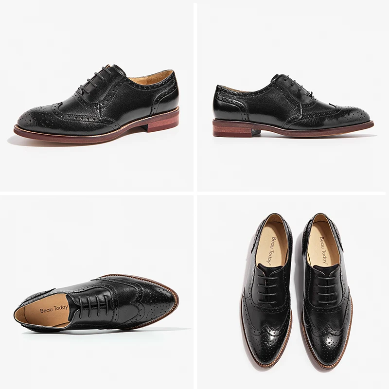 Женские туфли-оксфорды BeauToday черные броги на плоской подошве из телячьей кожи с