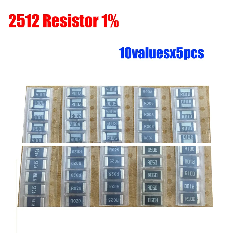 Комплект резисторов 2512 SMD из сплава 10 ценностей 5 шт. = 50 R001 R010 R020 R050 упаковка