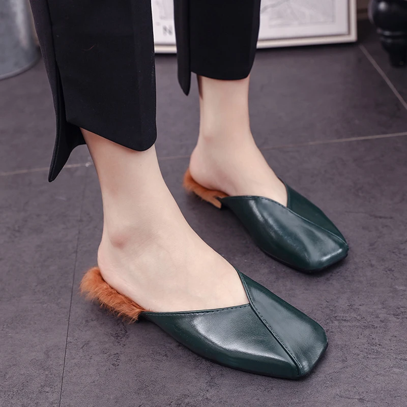 Брендовые кожаные шлепанцы с квадратным носком Прошитые лоферы закрытым удобные