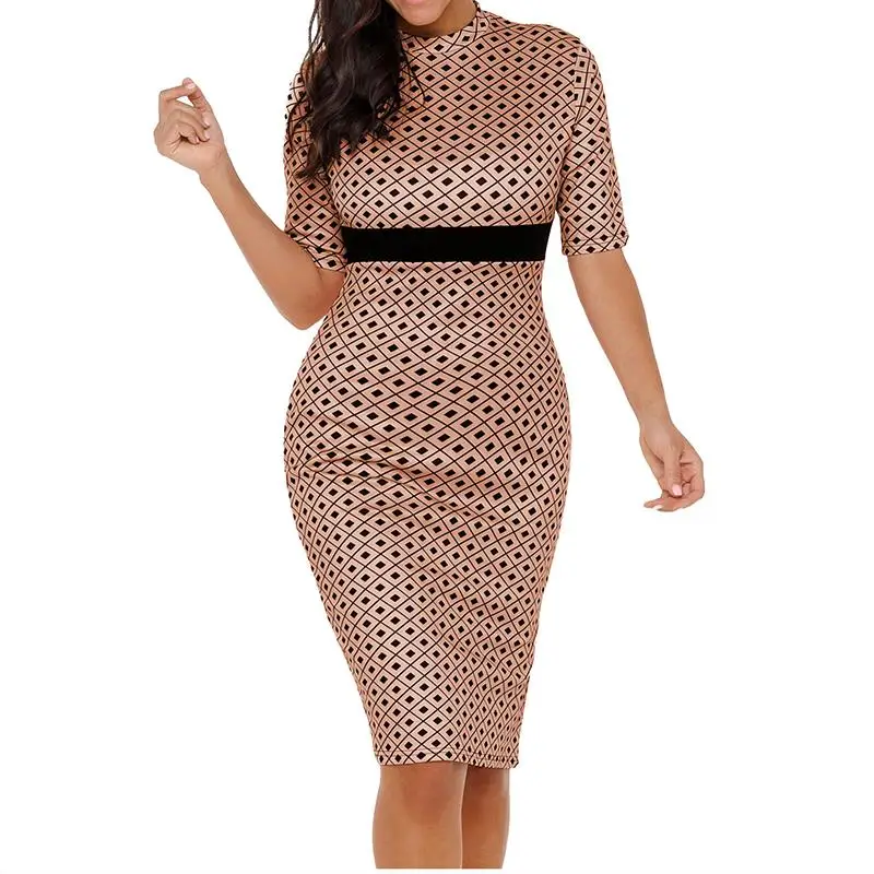 

Office Dress Women Half Sleeve O-Neck Slim Plaid Print Work Out Pencil Ladies Dresses WS7670C