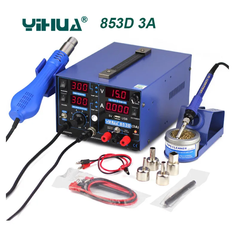 YIHUA 853D 1A SMD DC источник питания горячий воздушный пистолет паяльник паяльная станция интеллектуальный контроль температуры 853D 5A 853D - Цвет: 853D 3A  USB