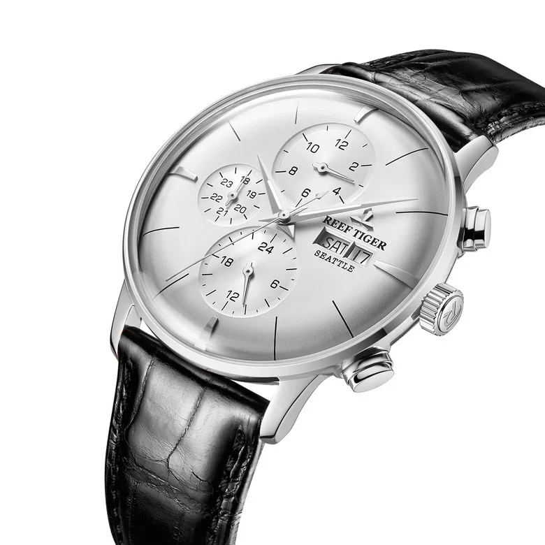 Reef Tiger Classic Serier RGA1699 мужские модные деловые часы с двойным календарем автоматические механические наручные часы-серебро