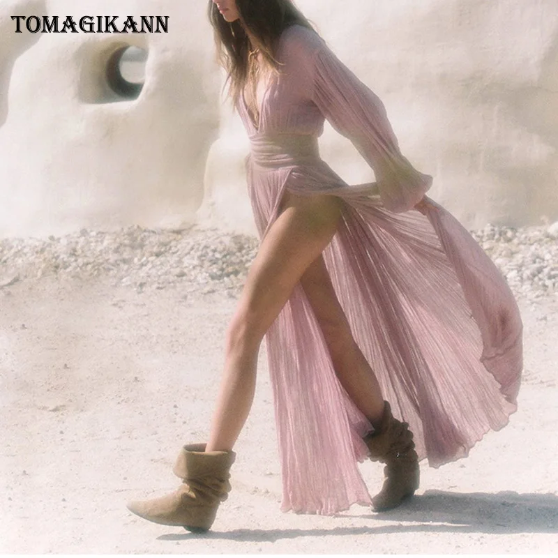 Богемное солидное Плиссированное Макси длинное женское платье 2019 элегантное с