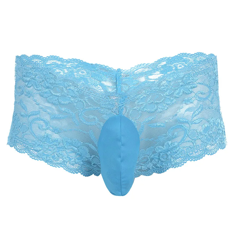 Sky Blue Мужские кружевные прозрачные трусы-боксеры с цветочным принтом, нижнее белье, трусы с закрытым пенисом, облегающие трусы-бандаж для геев, трусы для мужчин, нижнее белье - Цвет: Sky Blue