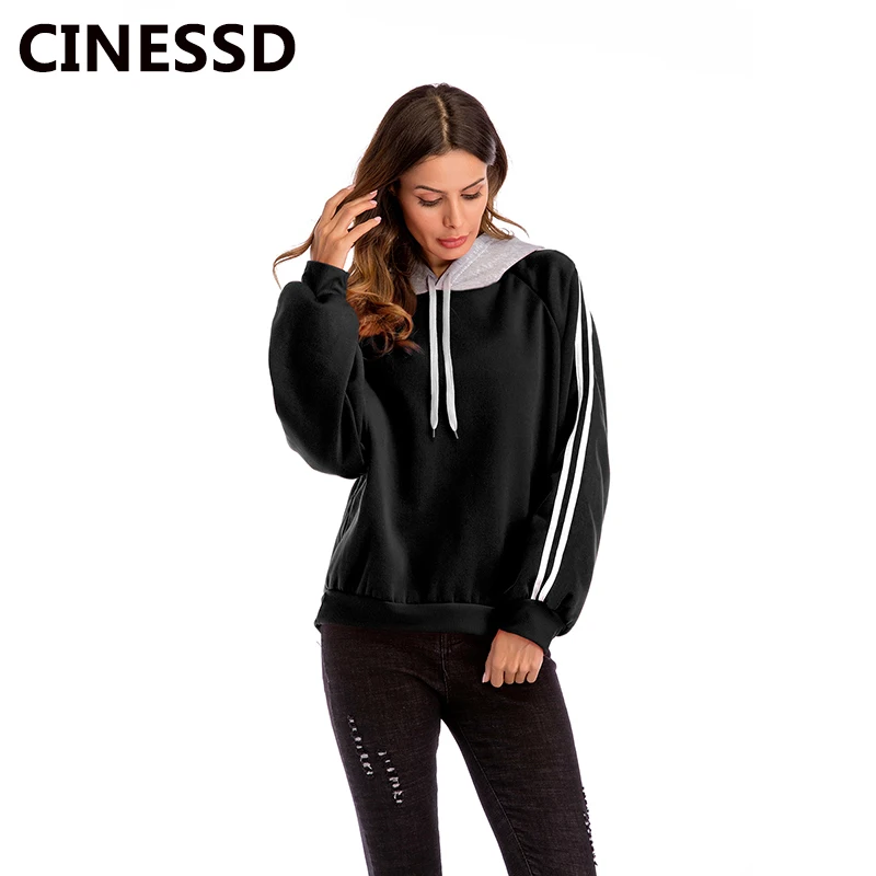 CINESSD Women Hooded Sweatshirt White Drawstring Long Sleeves Striped Patchwork Casual Loose Tops Black Lady Pullover Hoodies | Женская