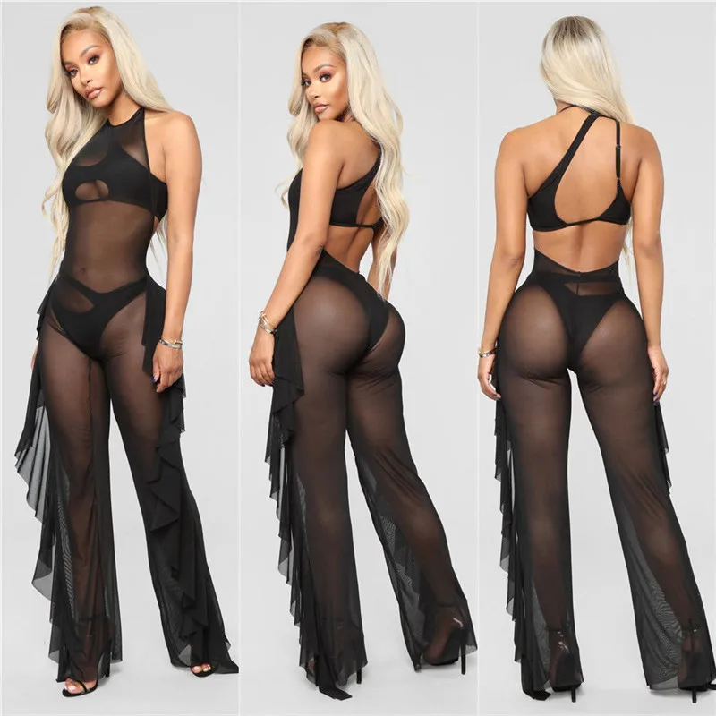 Для женщин Сексуальная See Through Jumsuit Клубная одежда плюс Размеры спинки халтер вечерние комбинезон плиссированные оборки длинные брюки - Цвет: Черный