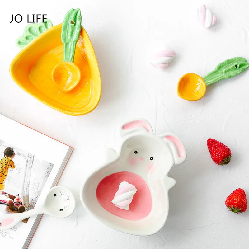 JO LIFE креативная мультяшная керамическая посуда, чаша для моркови, тарелка с кроликом, ложка с кроликом, поднос для детей, миска для фруктов