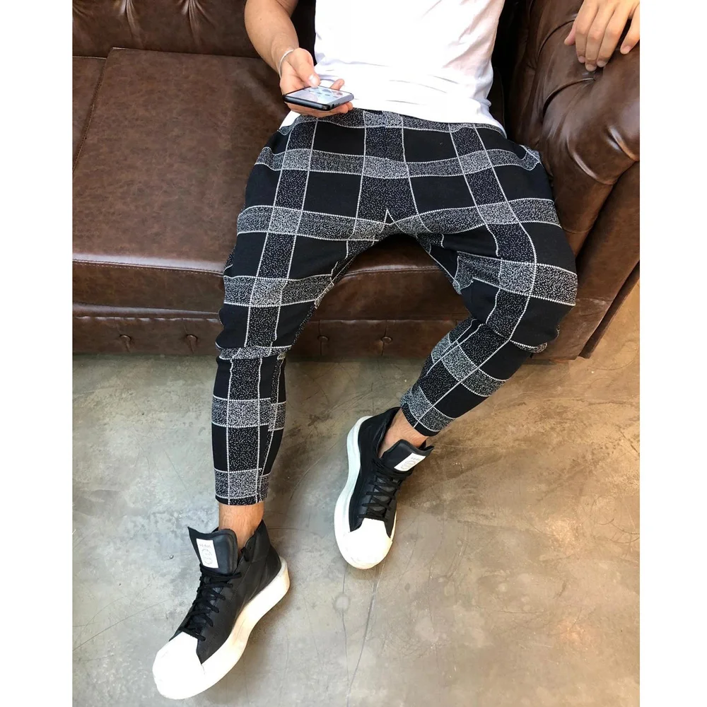 Новые мужские облегающие городские прямые брюки, повседневные брюки-карандаш, грузовик для бега, спортивные штаны в клетку, нижняя часть спортивного костюма, обтягивающие, для бега
