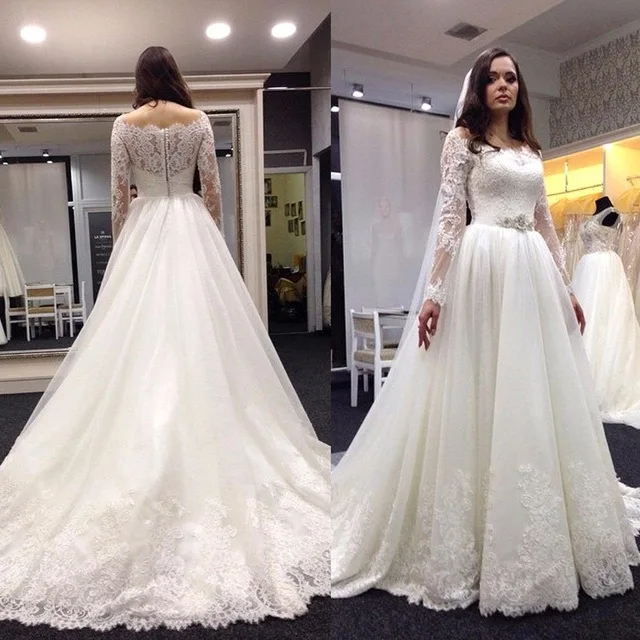 

Vintage Long Sleeve A Line Wedding Dresses Organza Lace Bridal Gowns wedding gown Elegant Vestido De Noiva Custom Made