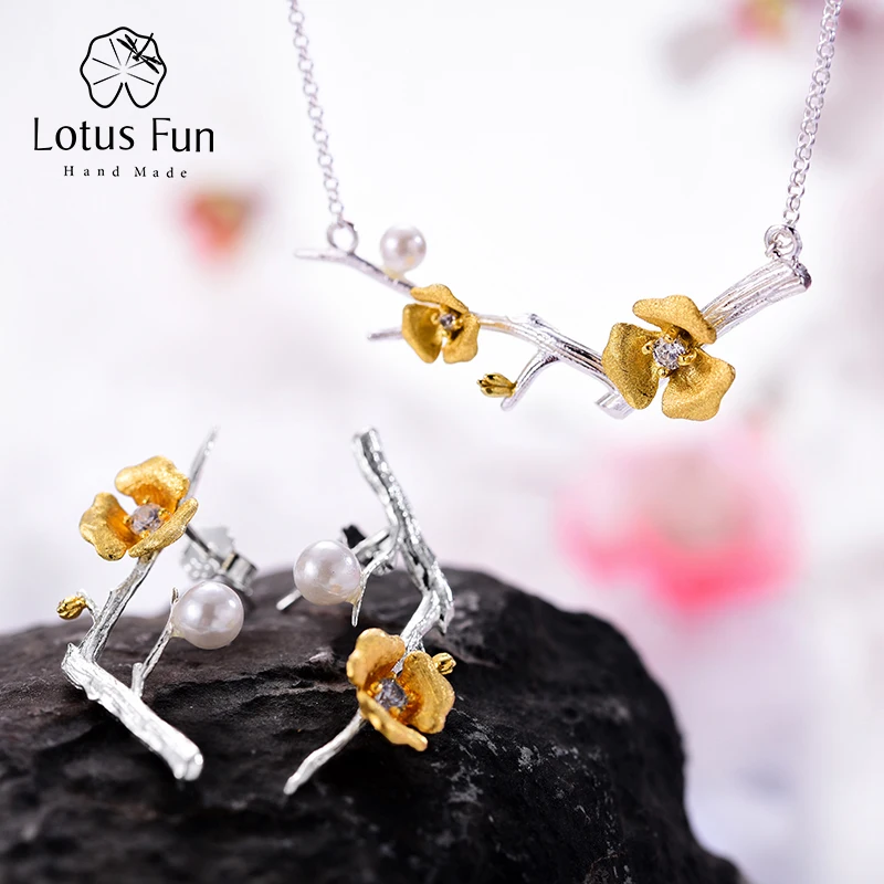 Lotus Fun реальные 925 пробы серебро ручной работы дизайнер ювелирных украшений Delicated сливы цветок комплект ювелирных изделий для Для женщин