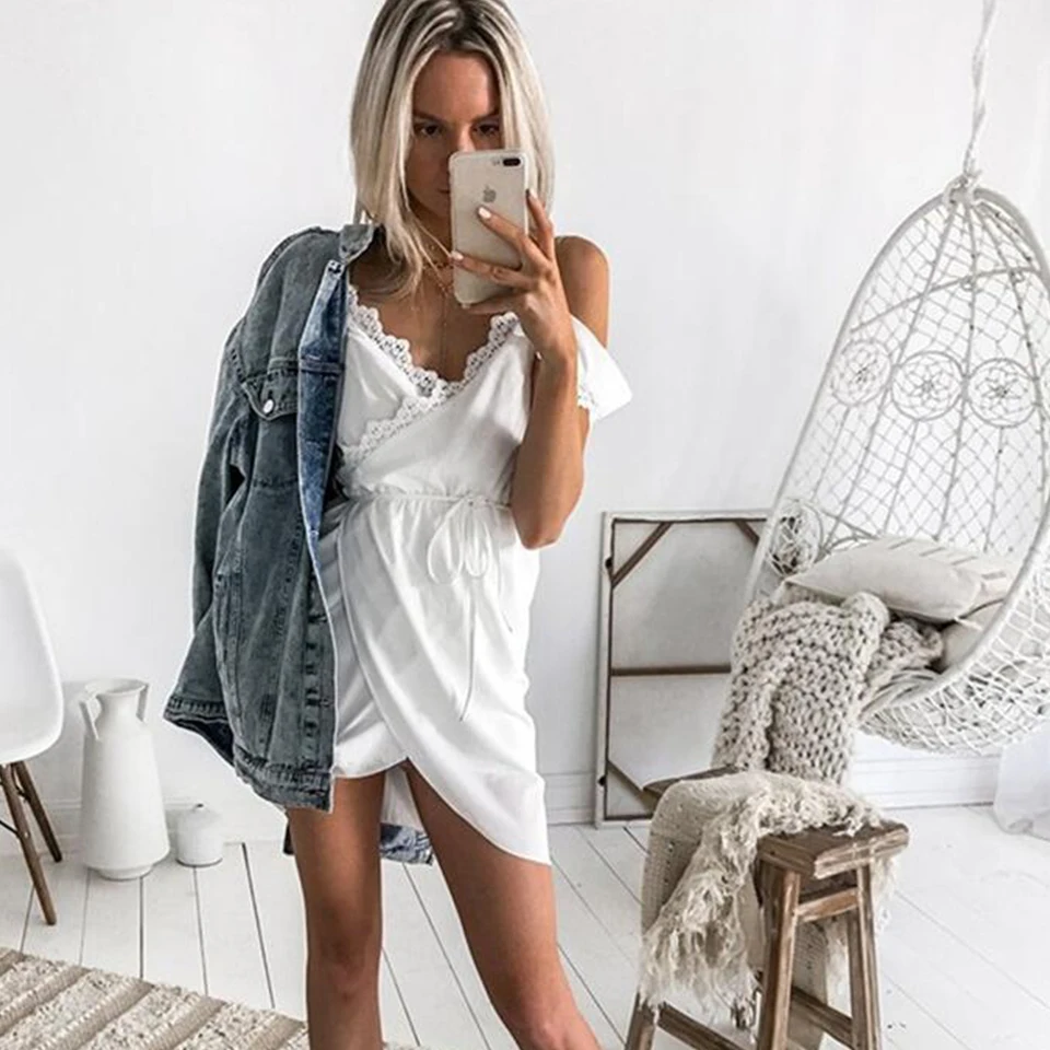 Женское кружевное платье с открытыми плечами сексуальное запахом и оборками для