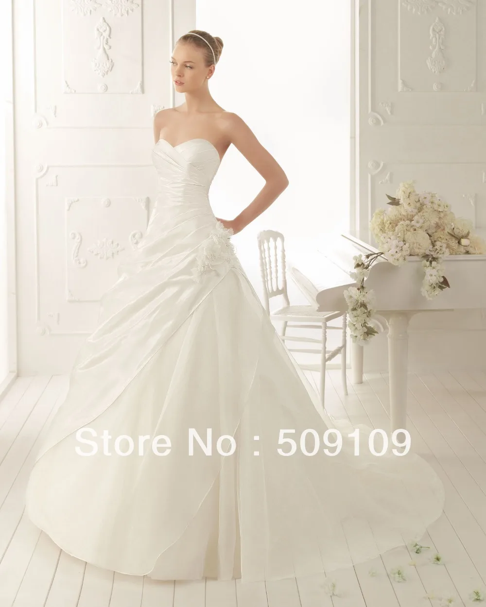 New 2014 Simple Wedding Dresses Sweetheart Taffeta And Organza Ruched Flower Court Train Bridal Ball Gown Free Size Haute Custom | Свадьбы и