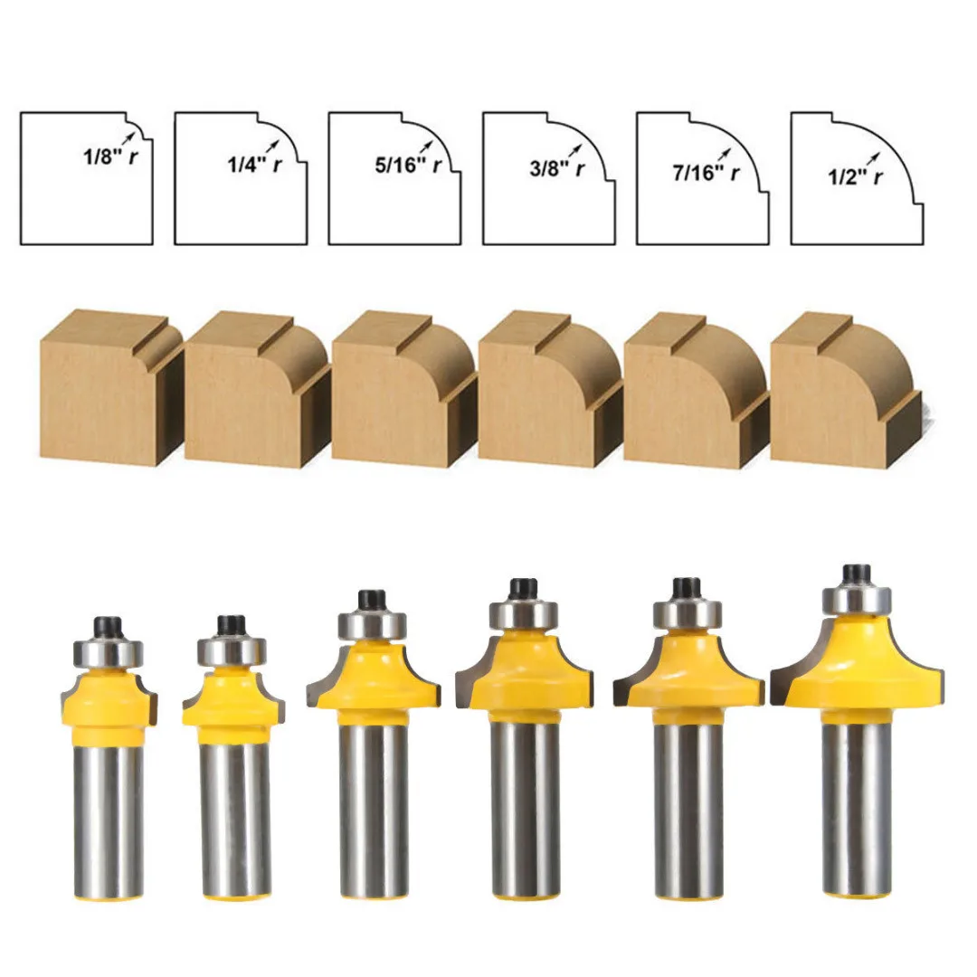 

QUALITY 6Pcs 1/2" 1/8" 1/4" 5/16" 3/8" 7/16" 1/2" Shank Round Over Edging Router Bit Set Woodworking Tools Set
