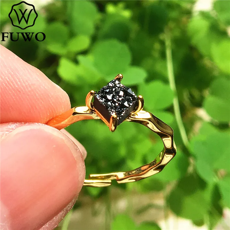 C FUWO квадратное кольцо Aura Druzy с 24K золотым наполнением, минималистичный дизайн, необработанные кольца Druzy для женщин, регулируемый размер RG017 - Цвет основного камня: C