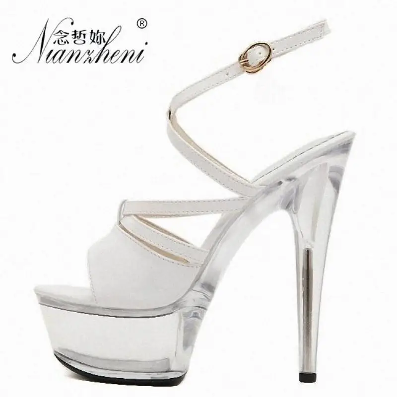 

Summer High Heels With Silver Leggings Transparent Soles 15cm Crystal Pole Dancing Sandals 6 Inch Dress Evening Platform Shoes