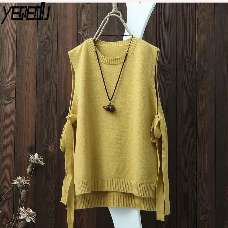 0723 Spring O Neck Pullover Sleeveless Knitted Vest Women Plus Size Side Bandage Thin Hollow Out Loose Side Split Waistcoat