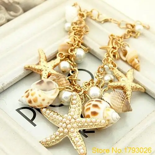 Ocean Style Multi Starfish Sea Star Conch Pearl Chain Beach Shell Bracelet Novelty Bangle 4TMR | Украшения и аксессуары