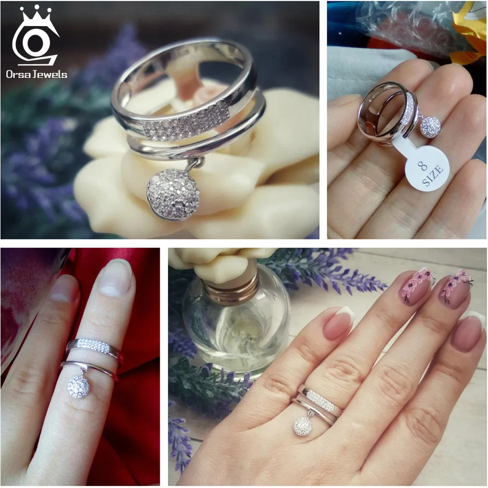 ORSA JEWELS Настоящее 925 пробы серебряные женские кольца AAA Блестящий кубический циркон паве установка женские ювелирные изделия для вечеринки SR54