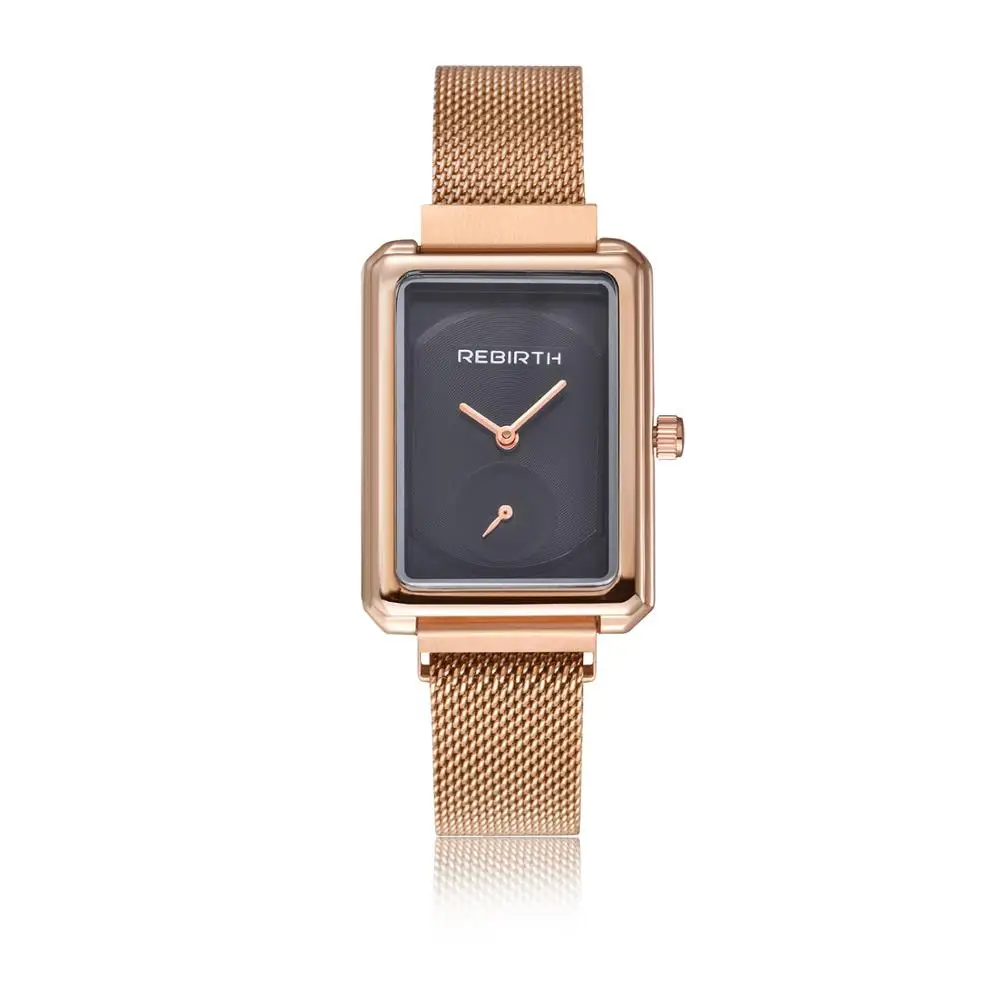 Gold- Black Watch Модные кварцевые повседневные женские наручные часы Rebirth, женские часы, роскошные сетчатые наручные часы из нержавеющей стали, Женские Подарочные часы - Цвет: Gold- Black Watch