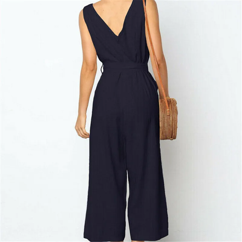 

Women Sexy Jumpsuit Romper Long Trousers Deep V-neck Sleeveless Playsuit Female Bodycon Solid Color Boho Party Button Bodysuit