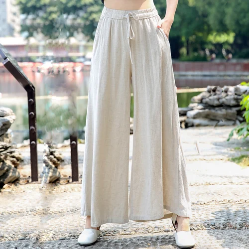 

2018 Artistic Chinese Style Wide Leg Pants Cotton And Linen High Waist Loose Pants Casual Vintage Mori Girl Trousers Women