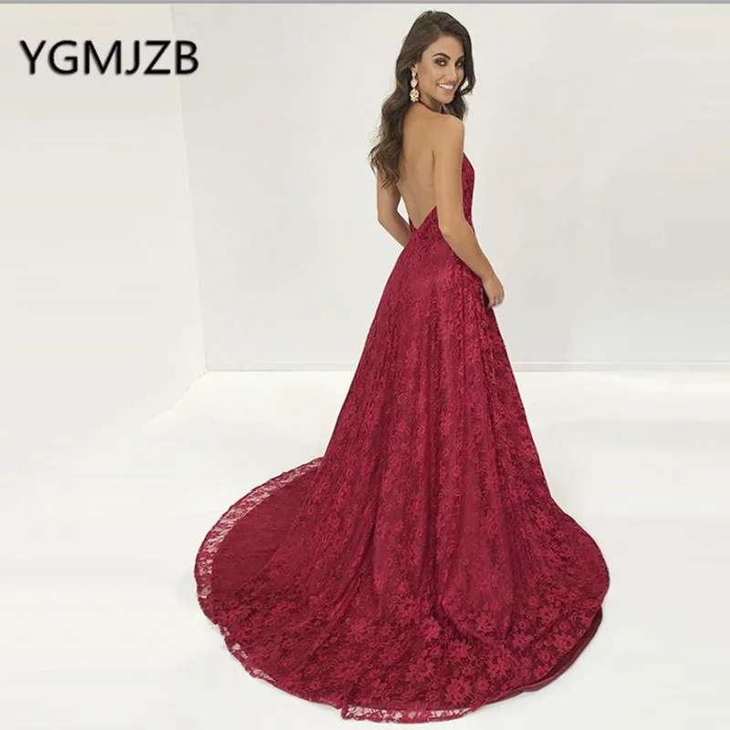 Sexy Backless Red Lace Evening Dresses 2019 A-Line Halter Deep V-Neck High Slit Long Prom Gown Women Formal Party Dress | Свадьбы и