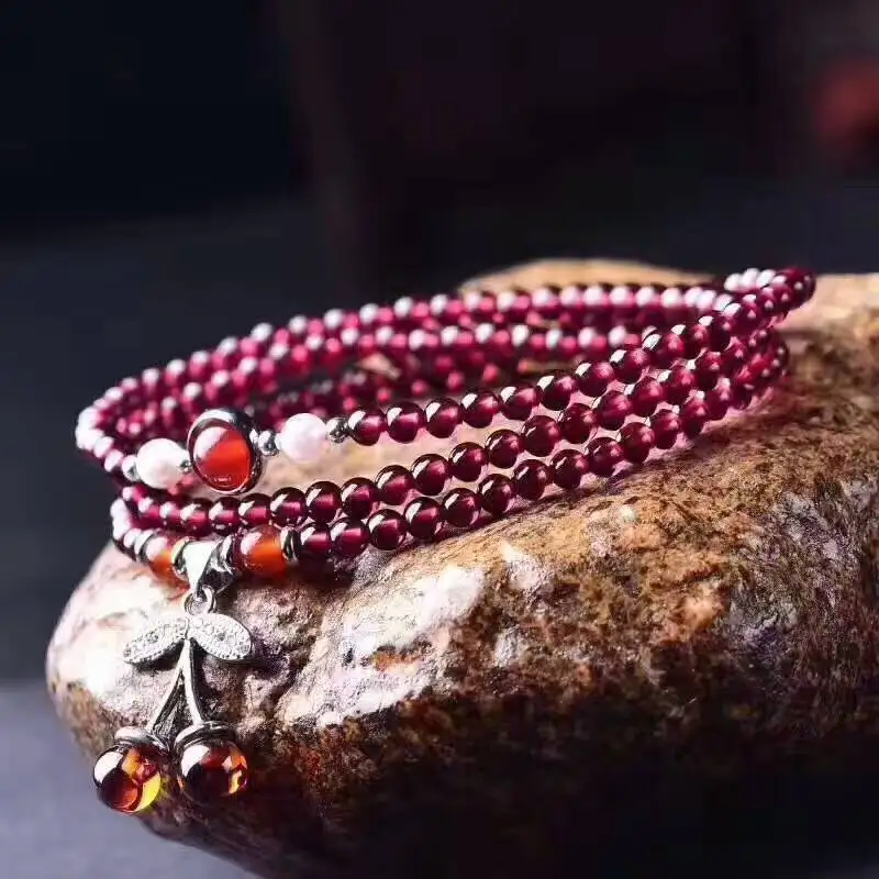 Wholesale Red Wine Garnet Natural Stone Bracelet Tibetan silver Leaf Pendant Lucky for Women Beauty Multilayer Jewelry | Украшения и