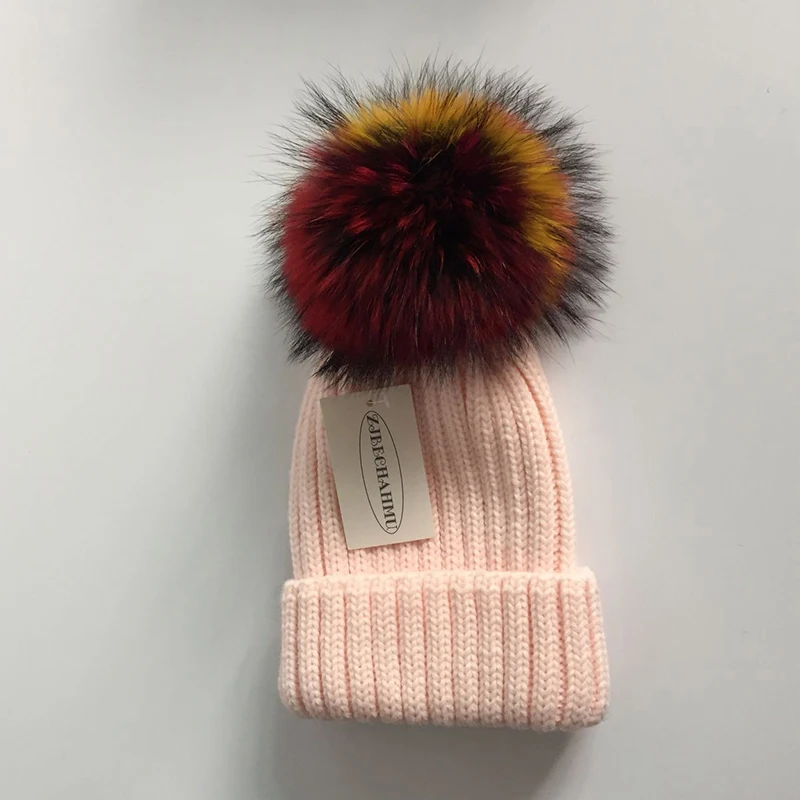 Модные новые помпоны из натурального Лисьего меха норки 15 см Skullies Beanies, шапки для женщин и девочек, зимние шапки, Детские теплые шапки Skullies Beanies