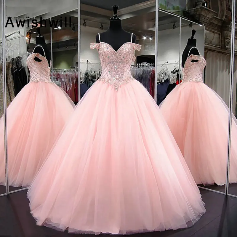 

Long Quinceanera Dresses Ball Gown Off The Shoulder Sweet 16 Dress Crystal Beaded Tulle Debutante Gowns Vestidos de 15 Anos