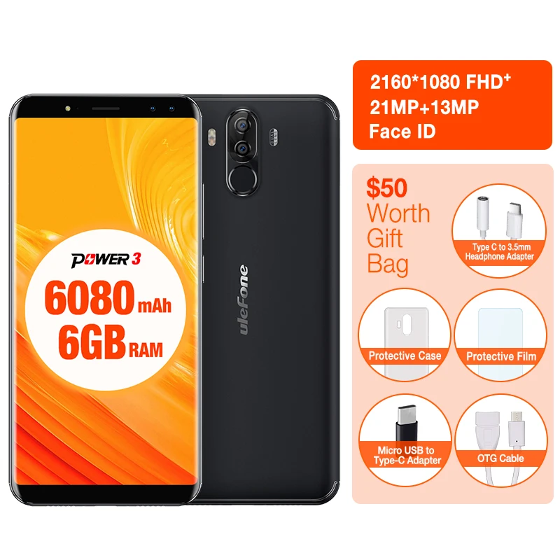 Ulefone Мощность 3 6 0 &quot18:9 4 г мобильного телефона P23 Octa Core Android 7 1 ГБ + 64 21MP 5MP Quad Камера