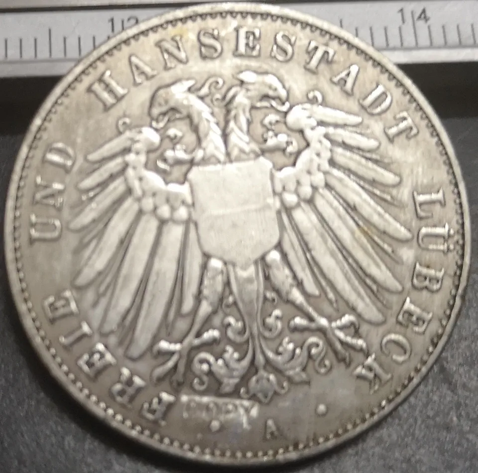 1908-A Free Hanseatic city of Lubeck 3 Mark Silver Plated Copy Coin | Дом и сад