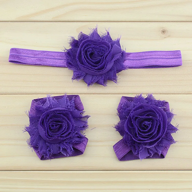 

2017 wholesale newborn headbands shabby flowers barefoot sandals and headband set children girls hair accessories 10set/lot