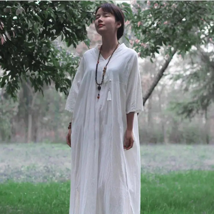 

Women Maxi Dress 2018 Summer New Short Sleeve V-Neck Loose Casual Split solid color Vintage Robes Plus Size